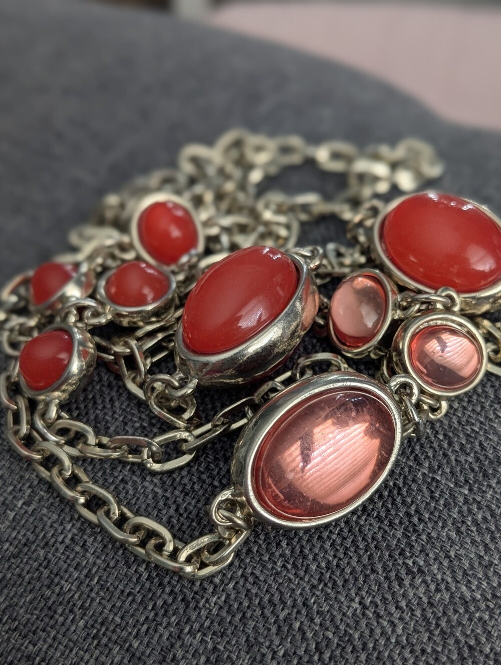 Silver Tone Watermelon Glass Station Necklace – 36” Long Vintage Style - Picture 2 of 6